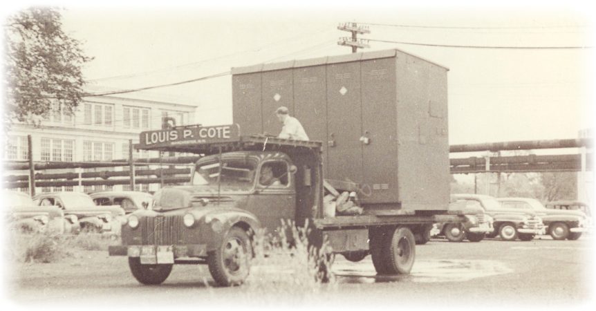Louis P. Cote, Inc. transporting an over width switchgear assembly in the 1950s