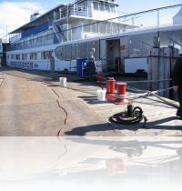 The MS Mount Washington Cruise Ship docked on Lake Winnipesaukee in Laconia NH awaiting Louis P. Cote, Inc.'s riggers to remove and replace it's engines