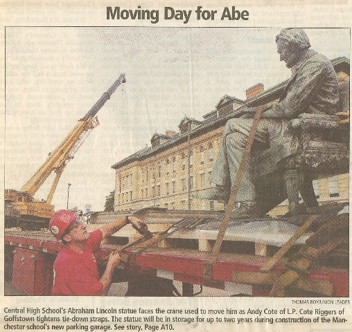 Newspaper clipping from The NH Union Leader documenting Louis P. Cote, Inc.'s work in moving the historical statue of Abraham Lincoln during renovations at Manchester NH's Central High School.