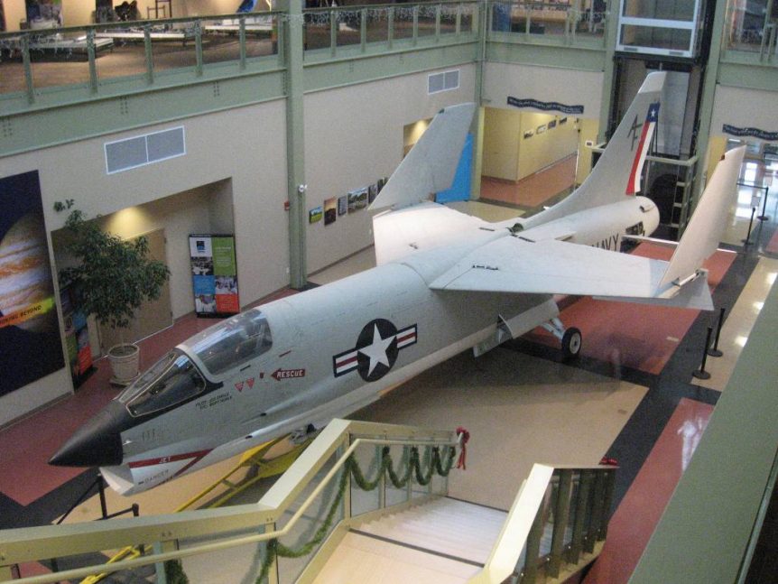 Louis P. Cote, Inc.'s riggers successfully moved a 1956 U.S. Navy XF8U-2 Crusader jet into the McAuliffe-Shepard Discovery Center in Concord NH