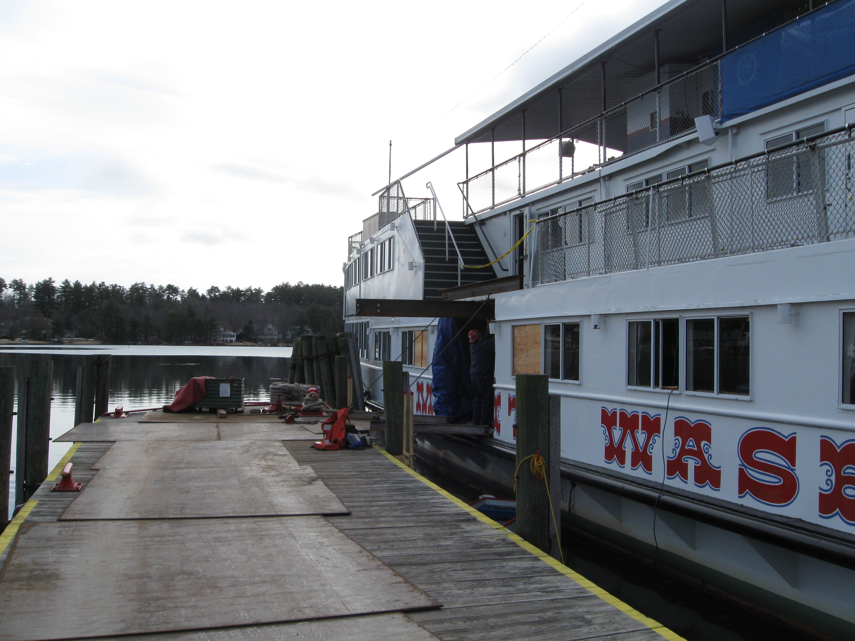 A view of the MS Mount Washington Cruise ship from the dock on Lake Winnipesaukee in Laconia NH prior to Louis P. Cote, Inc.'s riggers removing the engine.